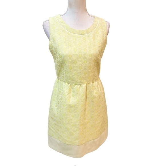 C Luce fit & flare sleeveless lined dress pale chartreuse print ivory hem border - Picture 1 of 14